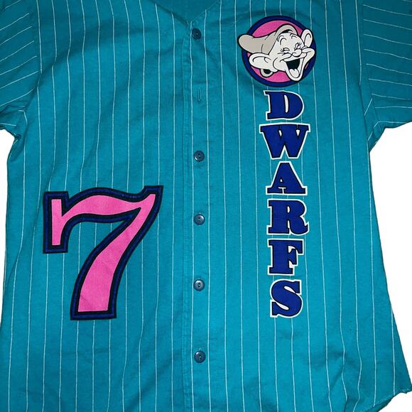 Disney's Vintage Seven Dwarfs teal and pink striped baseball jersey size small - Picture 5 of 6